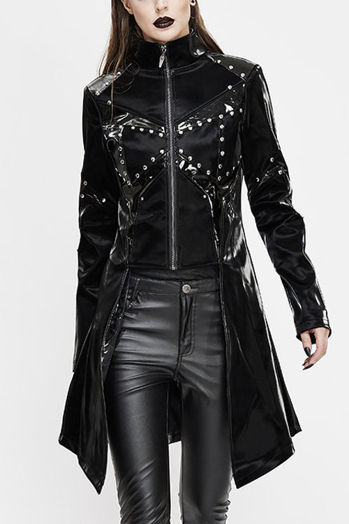 Long Leather Punk Coat with Zipper and Rivet Shine
