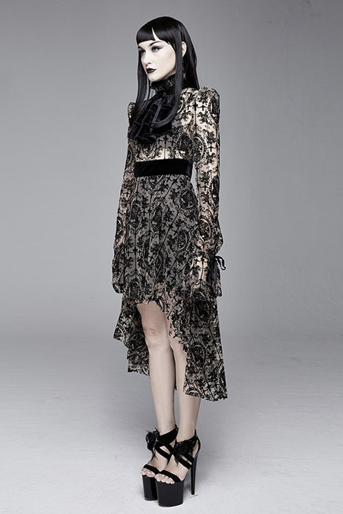 See-Through Printed Velvet Belted Gothic Dress with Tie