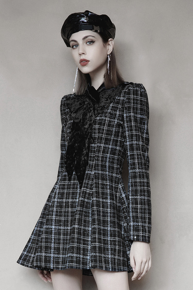 Checked Wool Velvet Bow Detail V-Neck Tie Punk Dress