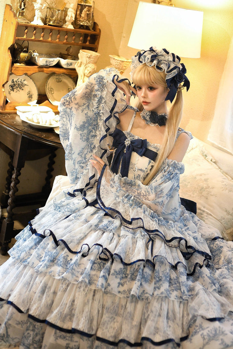 Cerulean and Ivory Sleeveless Bow Print Chinese Classic Sweet Lolita JSK Long Dress with Fishbone Details