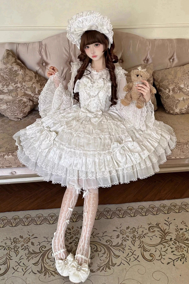 Ivory Casual Lolita Dress with Ruffles and Pearl Veil - Dream-Sinking Pearl Veil