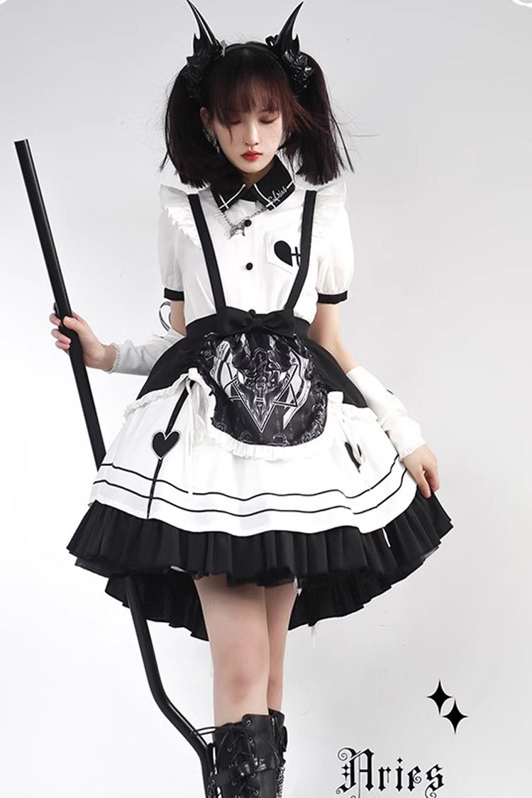 White Black Ruffle British Style Maid Gothic Lolita Strap Dress