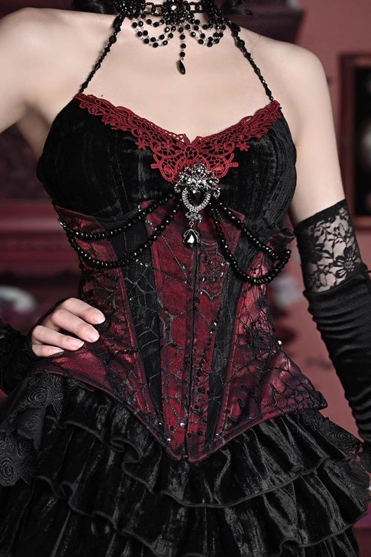 Crimson & Black Rococo Boned Bustle with Ruffled Layers