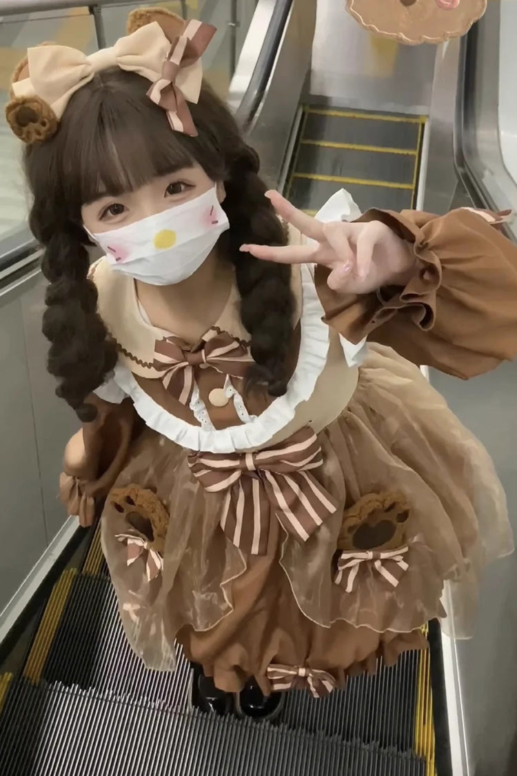 Bear Motif High-Waisted Ruffle Bow Sweet Lolita Dress