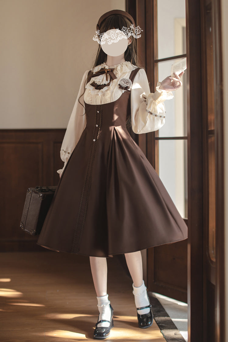 Fake Two Piece Vintage Ruffle Bowknot Lolita Dress Brown White