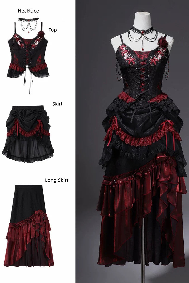 Black/Red Embroidered Lace-Up Gothic Skirt Set with Ruffles
