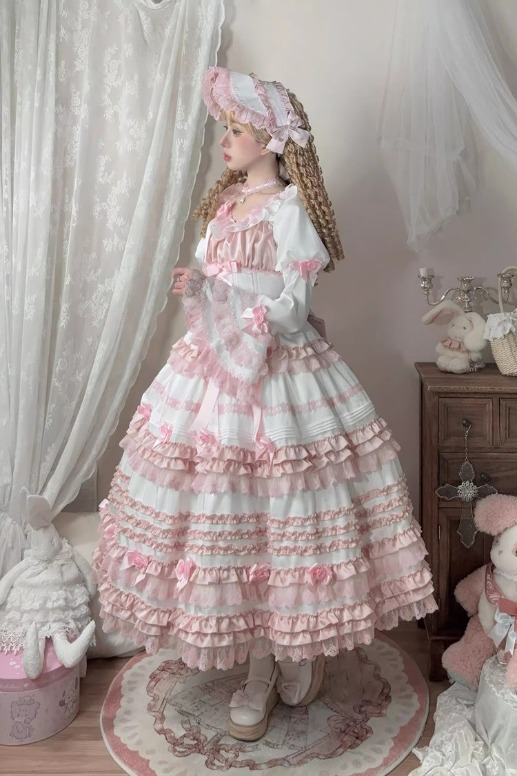 Ivory and Pink Peach Ice Short Sleeve Ruffled Ribbon Lace Sweet Lolita Dress