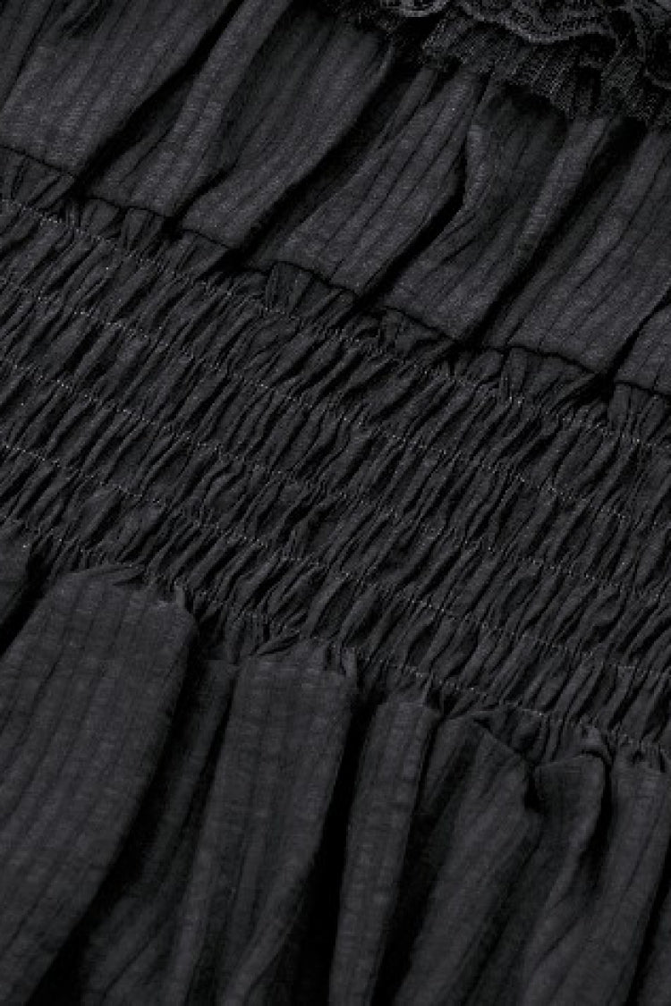 Gothic Victorian-Inspired Black Lace Ruffled High-Neck Puff-Sleeve Cutout Maxi Gown