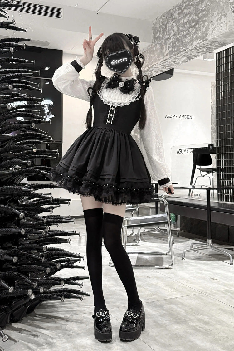 Black/White Thorn Doll Long Sleeves Ruffled Bow Pearl-Decorated Gothic Jirai Kei Gown