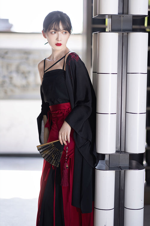 Crimson & Noir Song Dynasty Floral Embroidered Hanfu Set