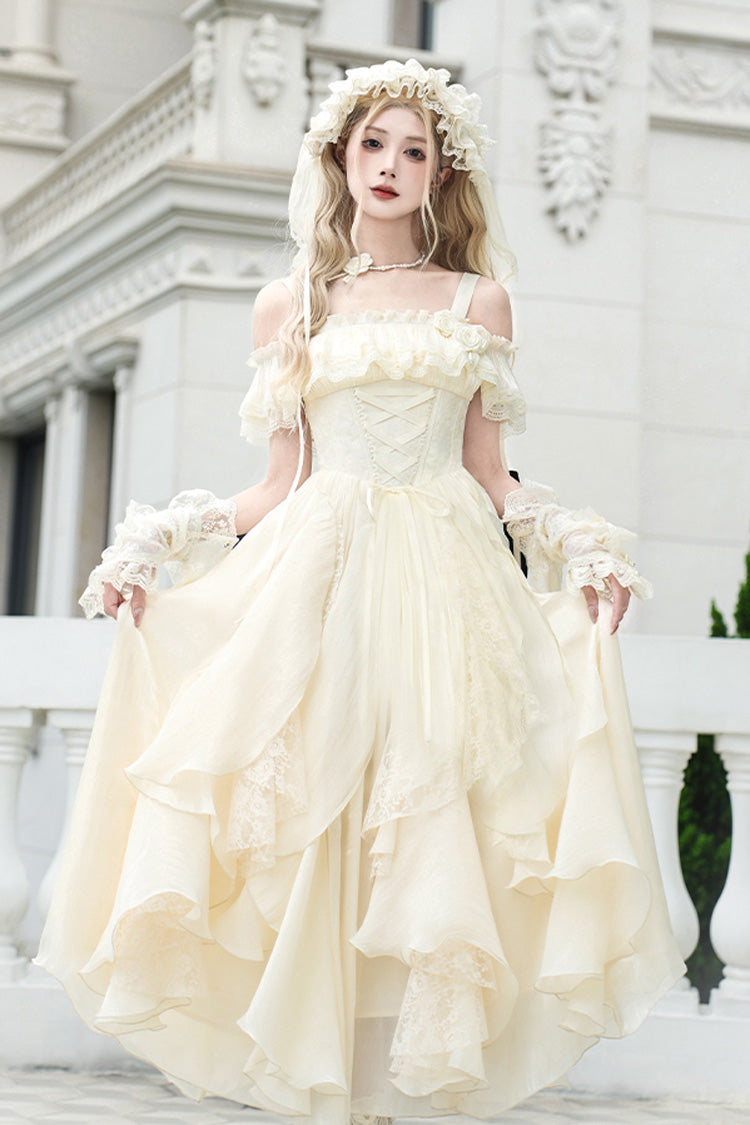 Cream Moonlight Variations Sleeveless Lace-Up Frilled Sweet Lolita Long JSK Dress