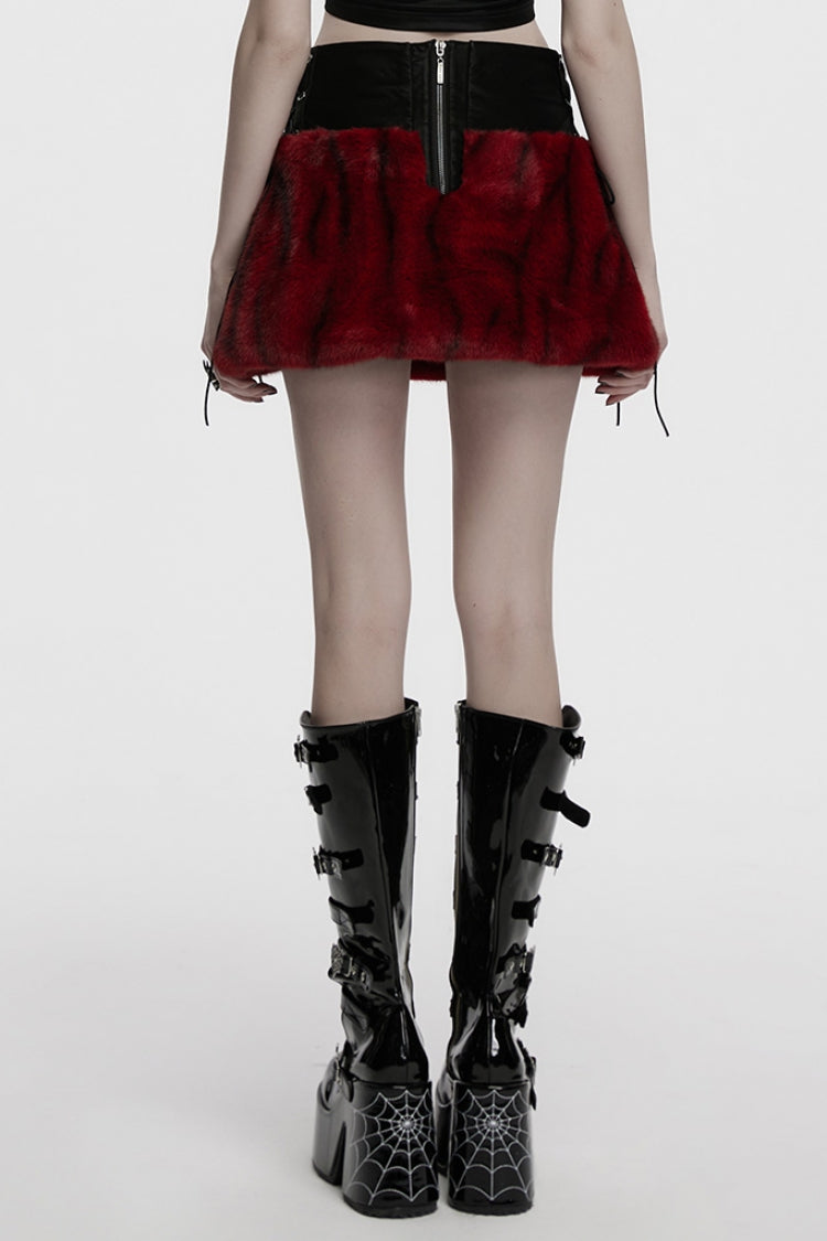 Crimson & Noir Faux Fur & Leather Lace-Up Punk Skirt for Women