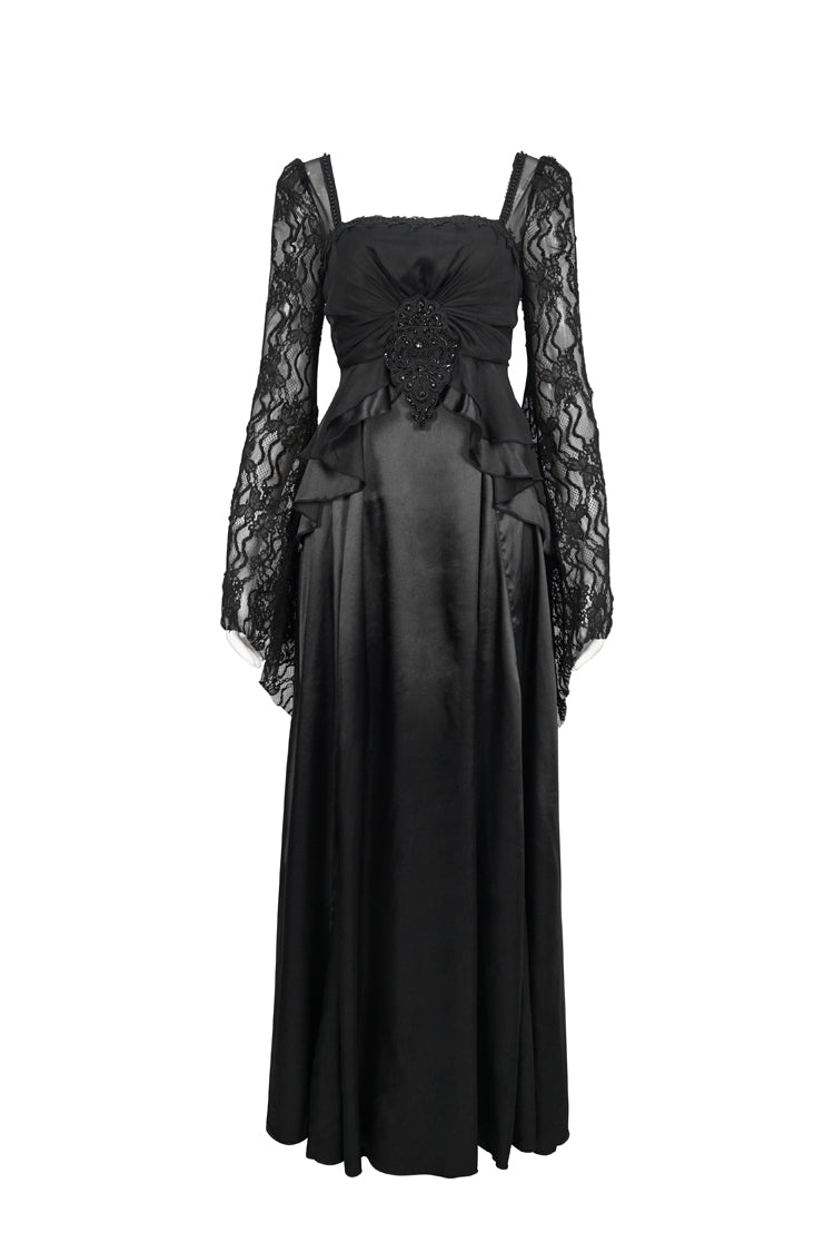 Gothic Pointed Long-Sleeve Back-Zip Satin Floor-Length Black Lace Formal Gown