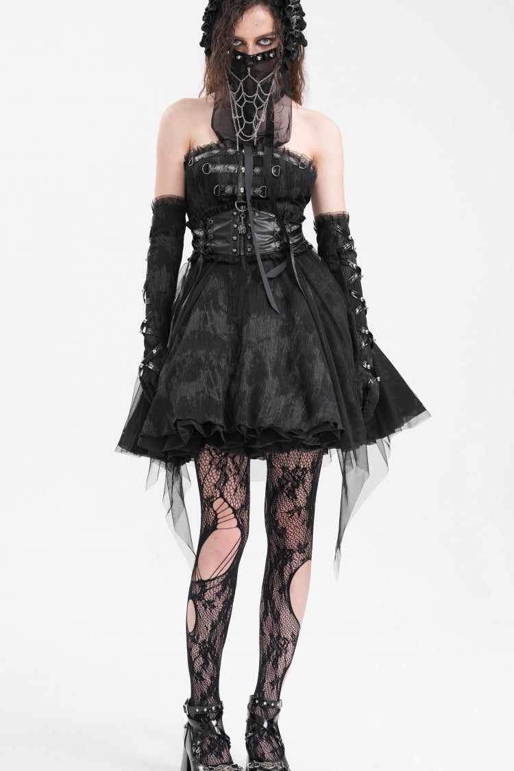 Gothic A-Line Short Gown with Backless Halterneck Cut