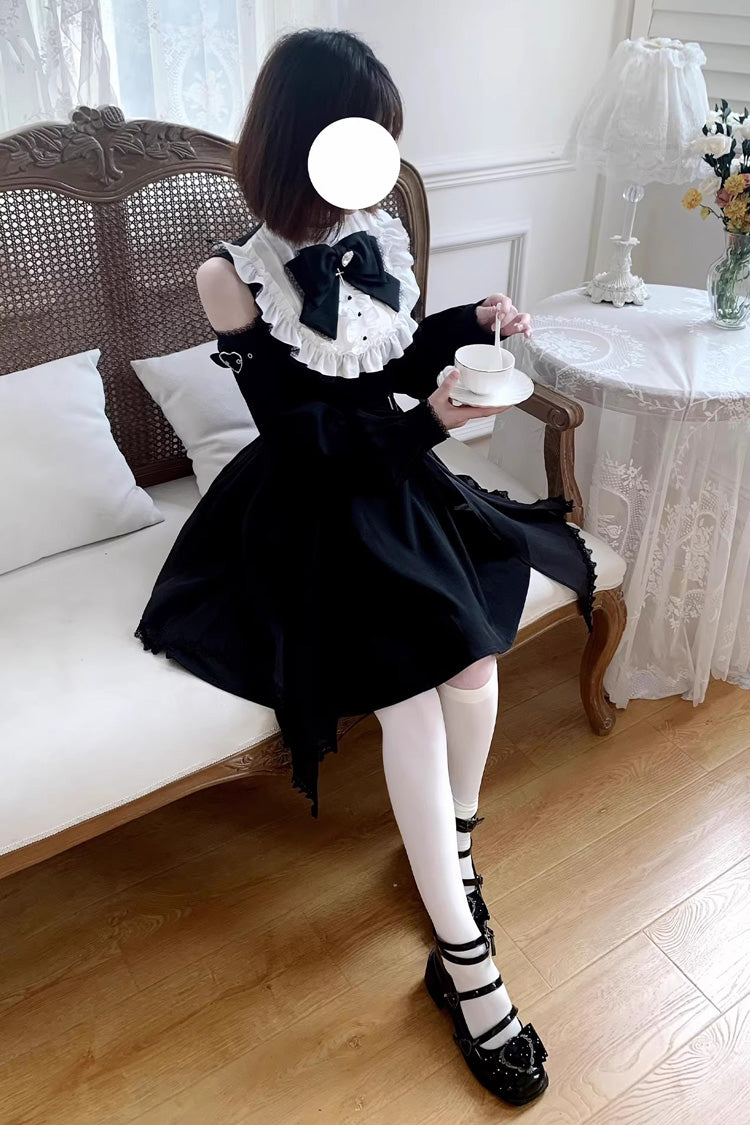 Monochrome Gothic Off-Shoulder Ruffle Bow Lace Jirai Kei Dress