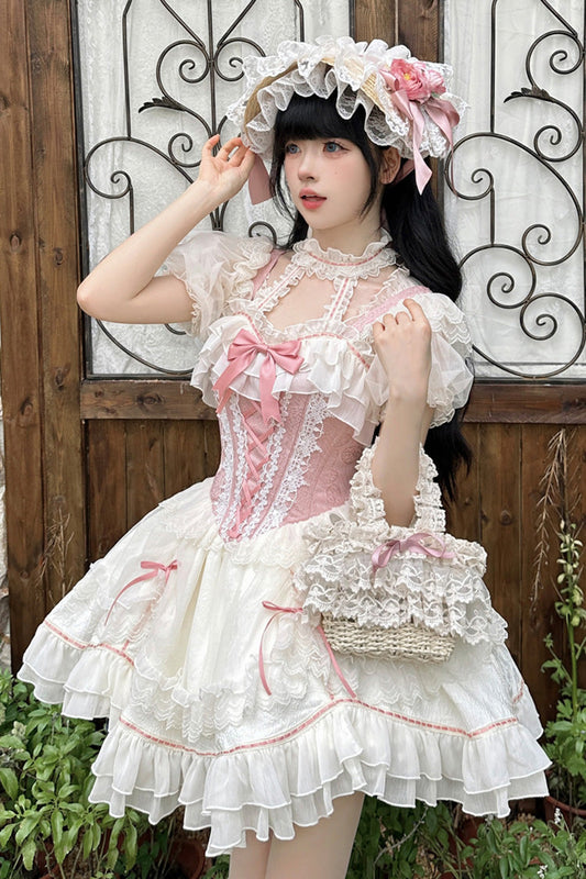 White & Pink Secret Garden Multi-Layer Ruffled Bow Lace-Up Sweet Princess Lolita JSK