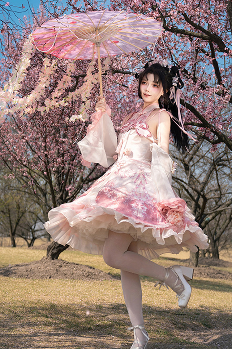 Flower Feast Pink Multi-Layered Print Ruffle Bowknot Sweet JSK Dress