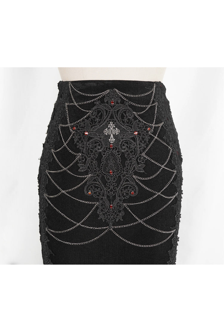 Crimson & Noir High-Rise Embroidered Lace Accent Gothic Skirt