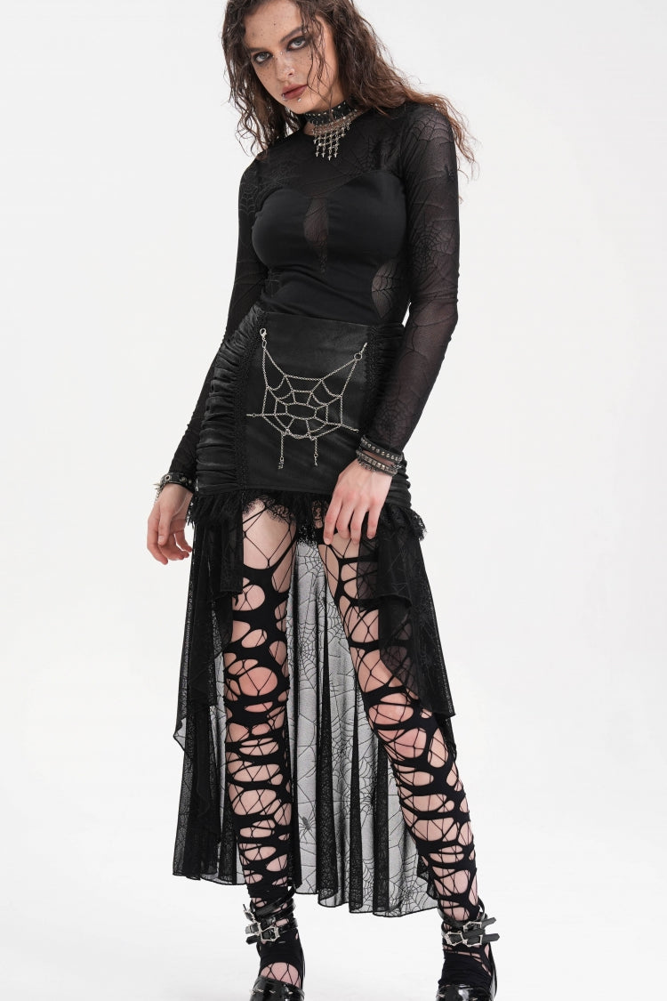 Gothic Skirt with Irregular Hem Lace Chain and Mesh
