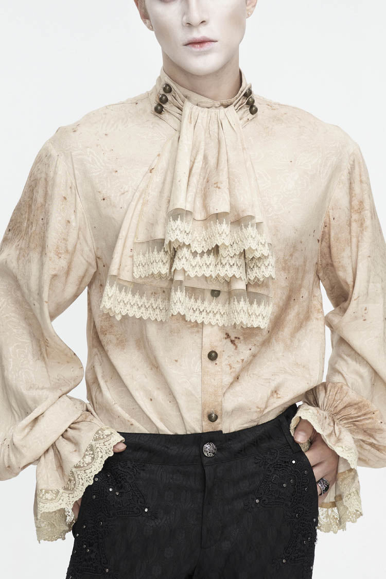 Gothic Apricot Stand Collar Puff Sleeve Men's Shirt with Necktie