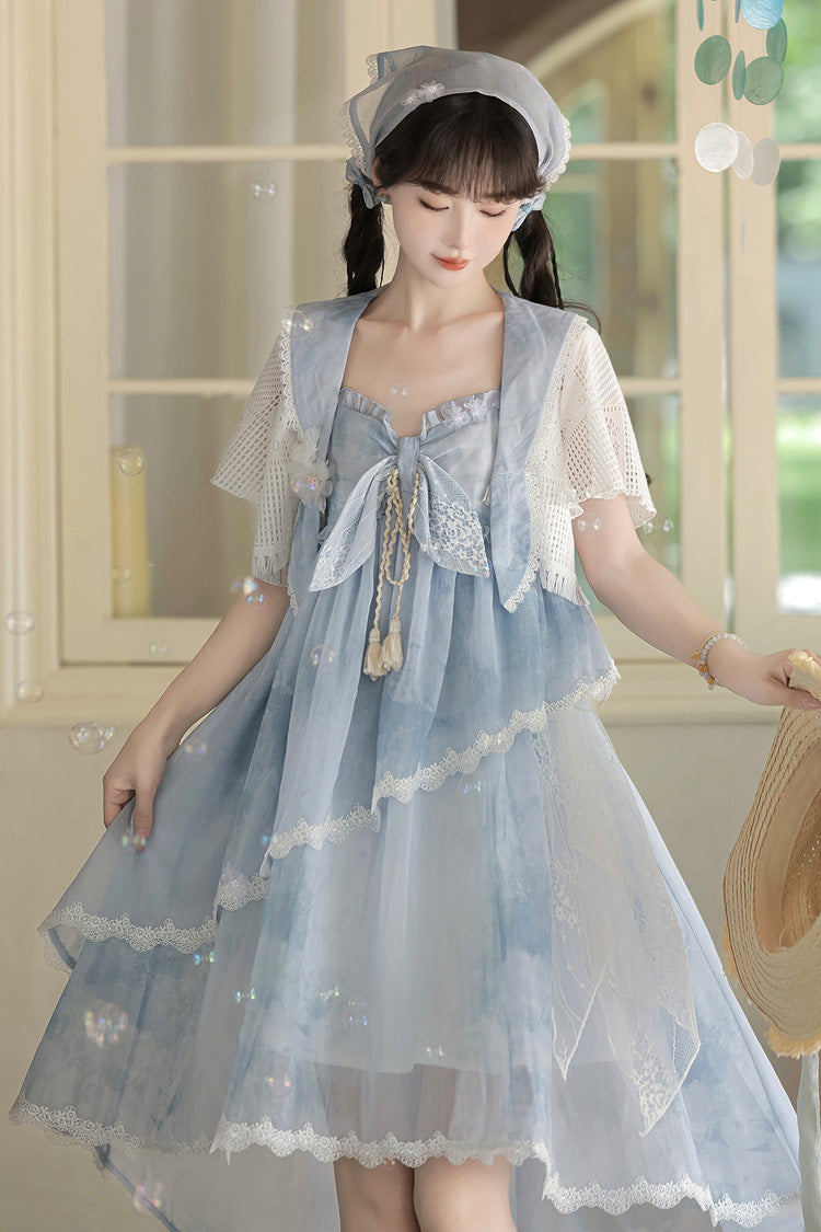 Print Ruffle Embroidery Bow Lace Irregular Lolita Jumper Dress - Blue
