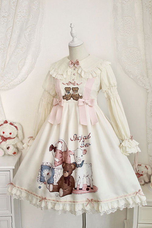 Ivory Sheep & Bear Print Alice Girl Bow Ruffled Sweet Lolita JSK Dress - Altfashion Shop
