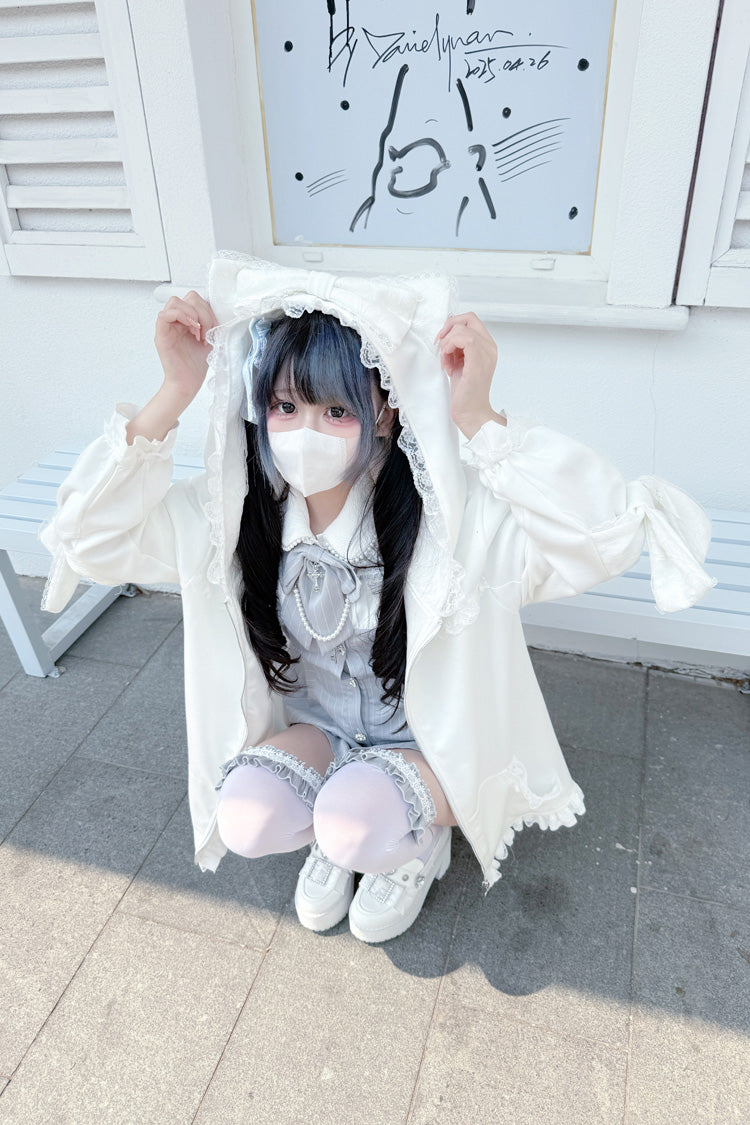 White Cat-Ear Hooded Frilly Bow Gothic Jirai Kei Coat