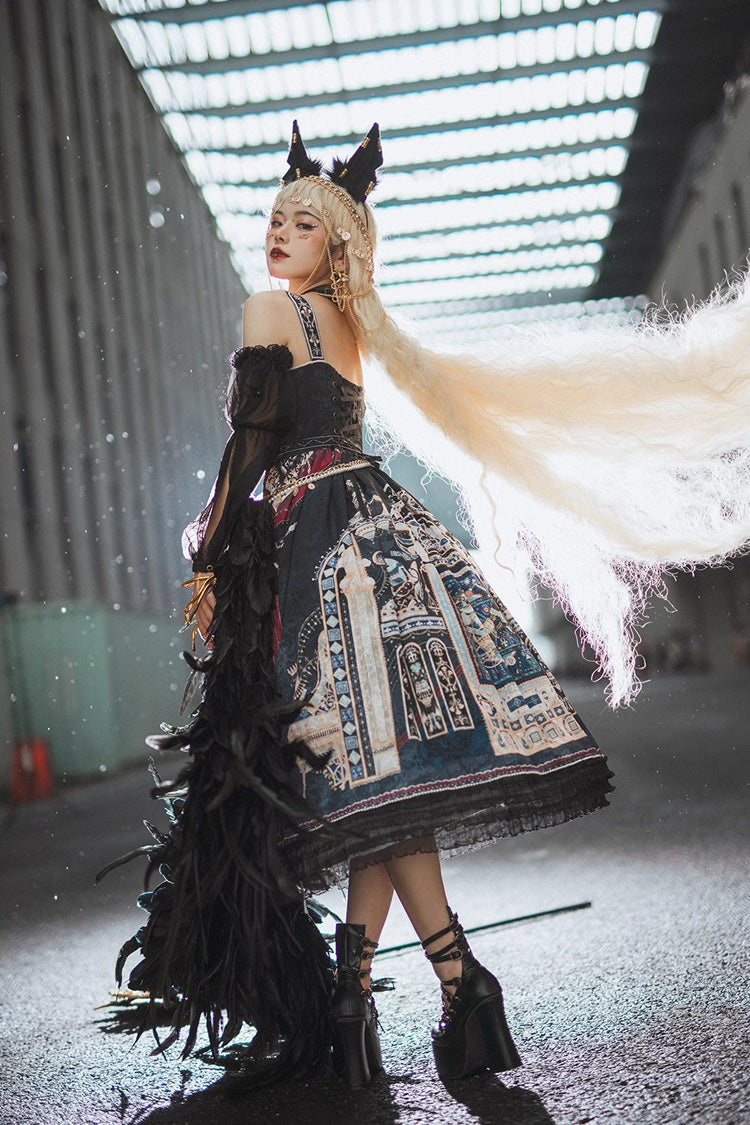 Gothic Lolita Dress with Egyptian Print, Ruffles, Dusk Style