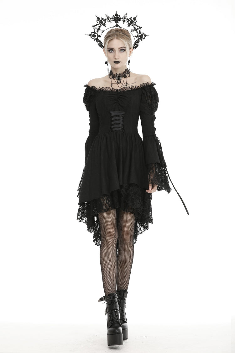 Black Off-Shoulder Trumpet Puff Sleeve Lace-Up Mesh Gothic Cocktail Dress