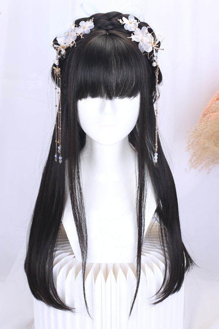 Long Natural Wig with Ancient Full Headgear for Hanfu Lolita in 2 Tones