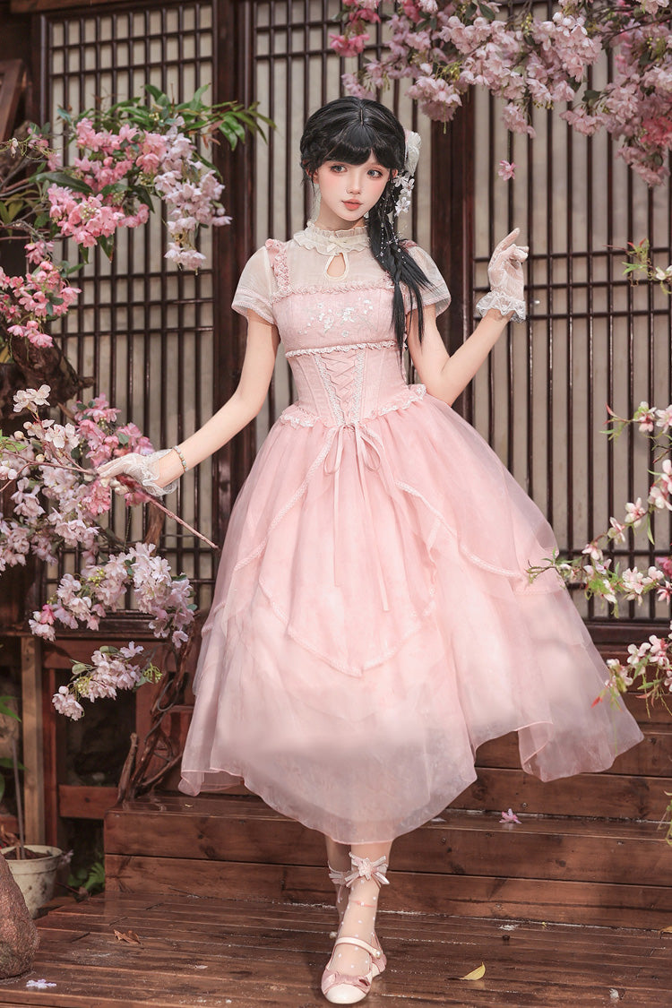Fragrance Stand Collar Short Sleeves Multi-Layered Printed Ruffled Bow Lace Irregular Chinese Style Sweet Lolita Dress 2 Colors - Green/Pink