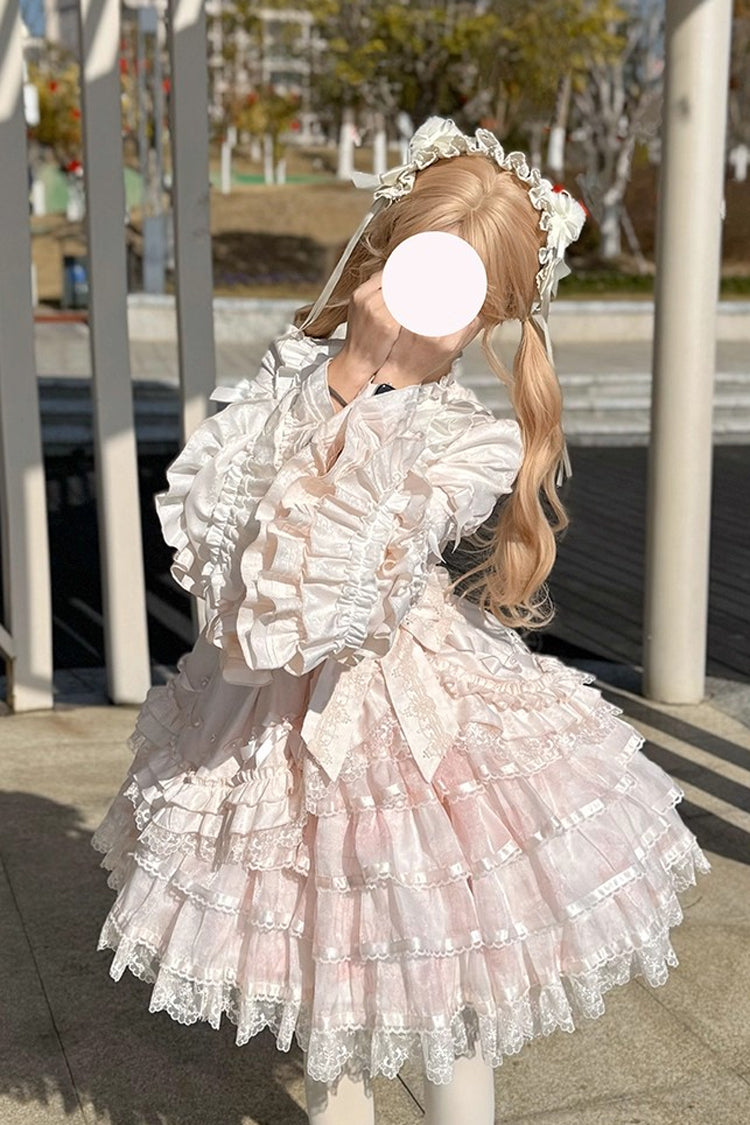 Pink Soloist Doll Long Hime Sleeve Multi-Layer Print Ruffle Bow Asymmetrical Sweet Lolita