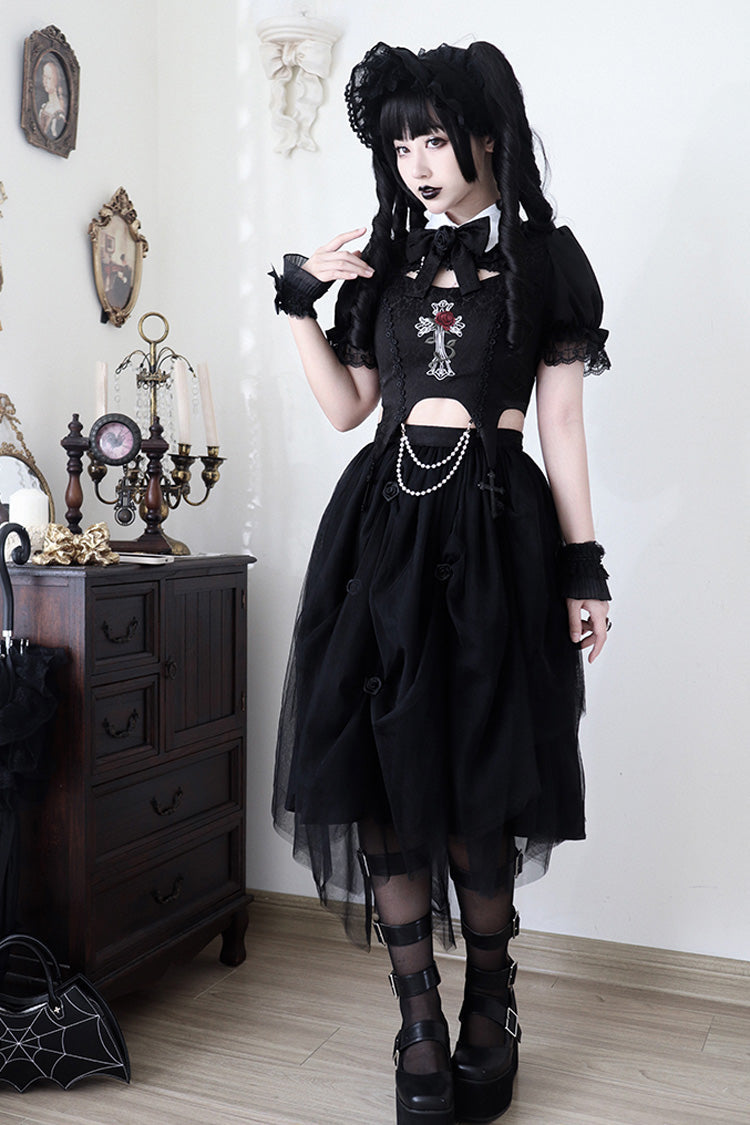 Embroidered Cutout Lolita Dress Set with Short Sleeves in Black