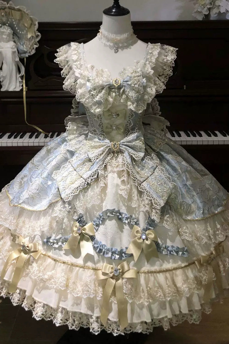 Gilded Waltz Square Collar Sleeveless Printed Embroidered Bow Lace Sweet JSK - Blue