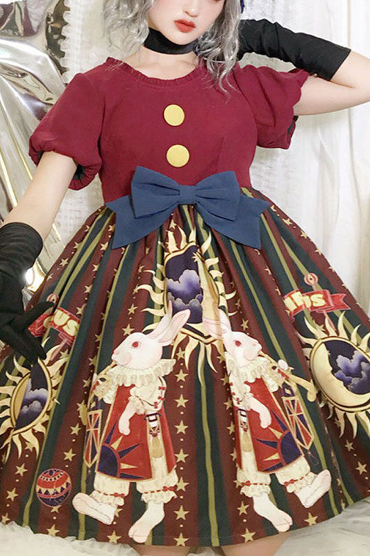 Sweet Lolita OP Dress with Antique Doll Print and Christmas Bowknot - Altfashion Shop