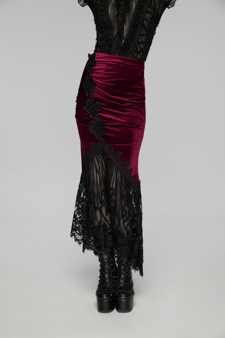 Crimson & Noir Embroidered Lace Fishtail Velvet Skirt with Slim Fit
