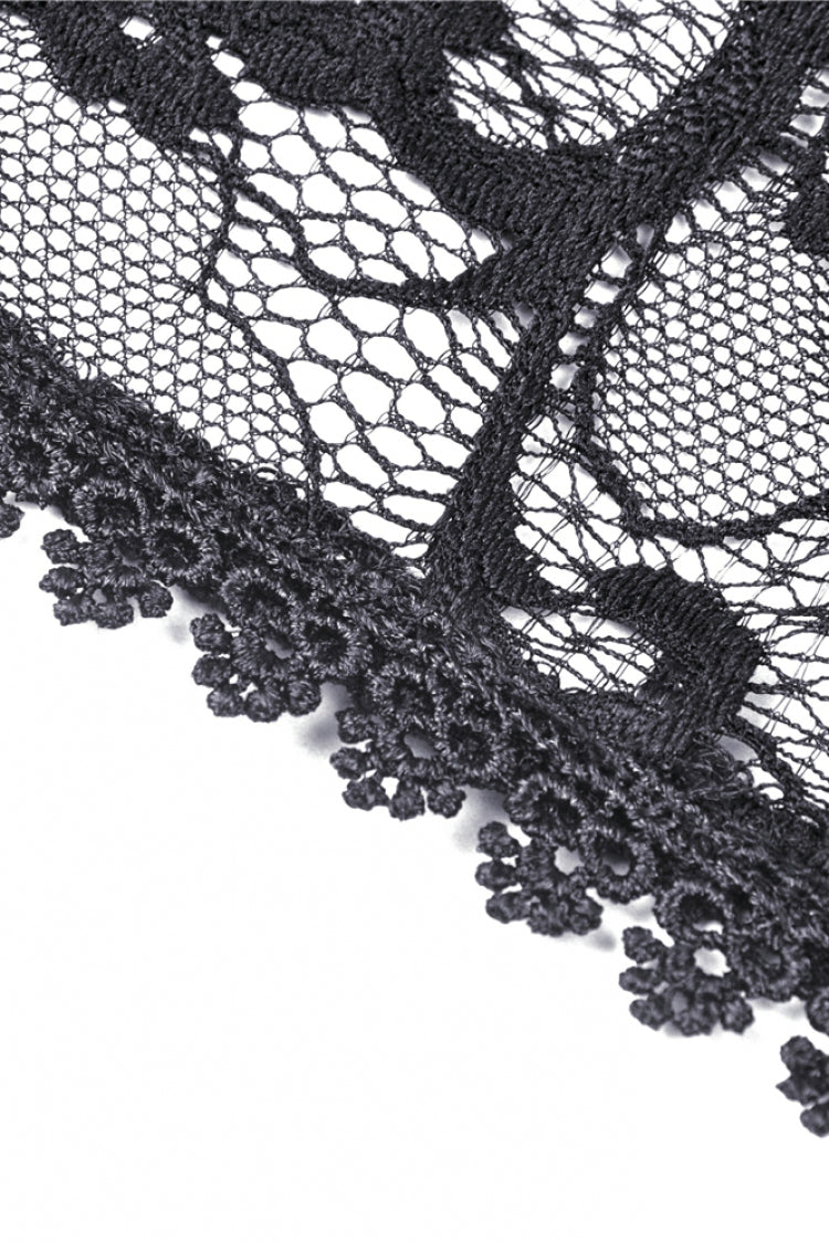 Jet-Black Gothic Cape with Sheer Floral Lace and Lacing for Women