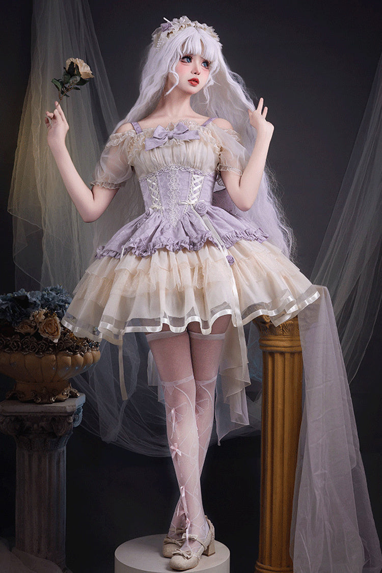 Triple-Layered Ballet Bow Lace-Up Sweet JSK Dress in Purple Ivory
