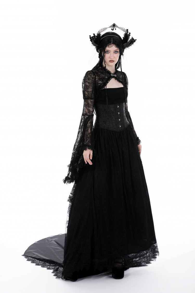 Jet-Black Gothic Cape with Flared Sleeves and Ruffled Lace
