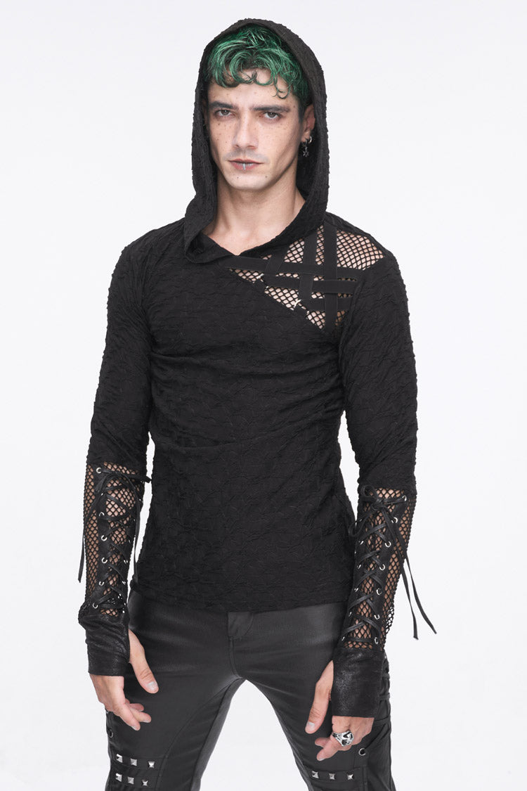 Mesh Spliced Long Sleeve Punk Hoodie for Men with Lace-Up Front