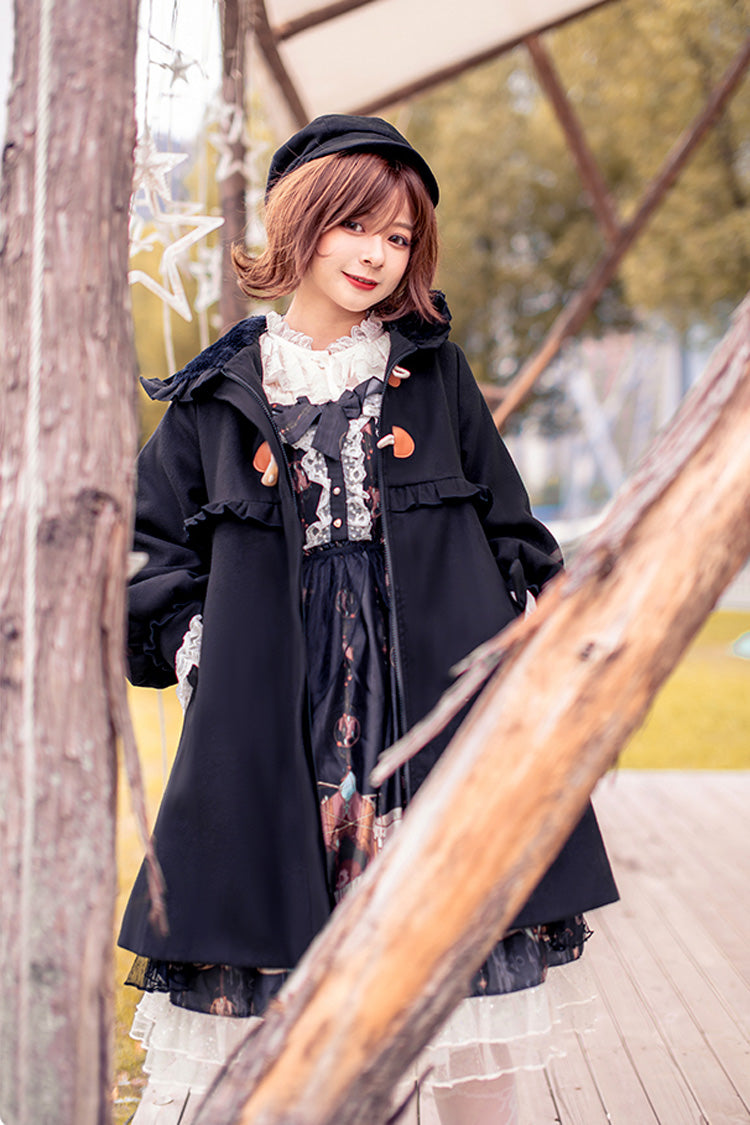 Sweet Lolita Hooded Coat with Cat Tail Bowknot and Ruffles