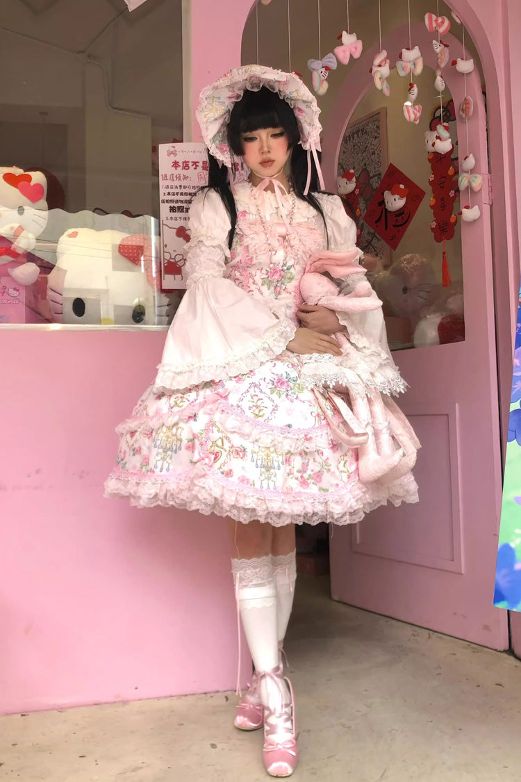 Ivory & Pink Sleeveless Floral Wall Print Lace Bow Sweet Lolita JSK Dress