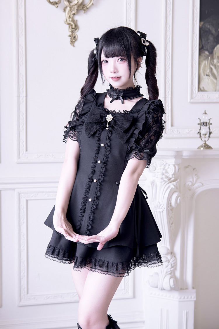 Black Waltz Short Sleeve Ruffle Bow Gothic Jirai Kei Dress Set