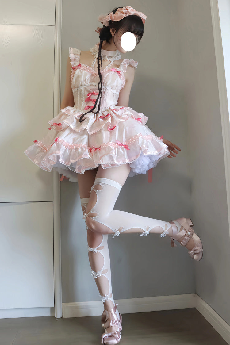 White & Pink Multi-Layer Ruffled Ballet Bow Sweet Lolita JSK Dress