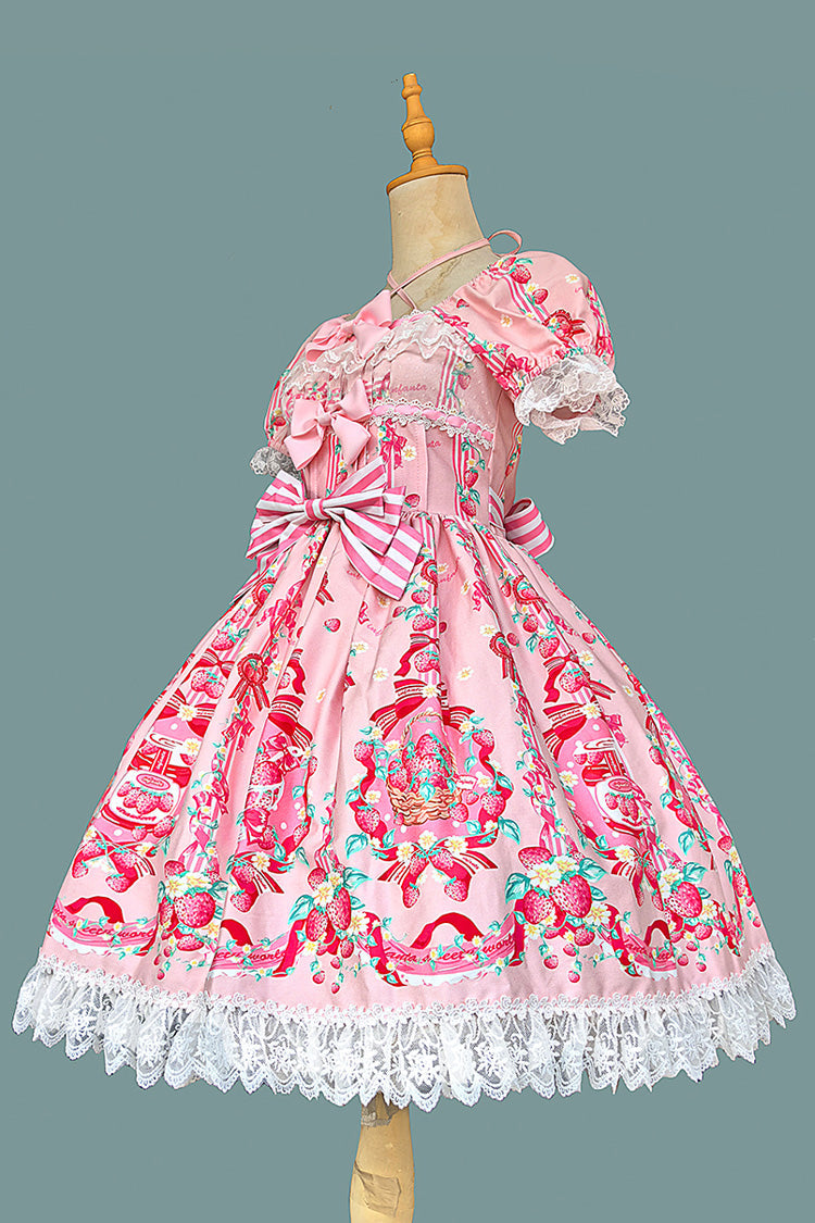 Printed Bowknot Lace Sweet Dress with Short Sleeves - Strawberry Chef
