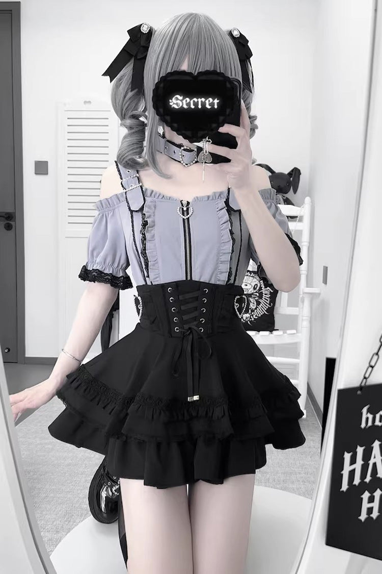Stand Collar Sleeveless Ruffled Lace-Up Skirt and Blouse Set