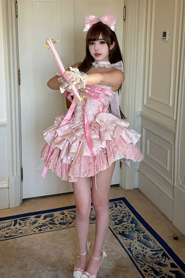 Princess Ballet Sweet Lolita JSK Dress with Ruffled Bow and Lace-Up - Pink
