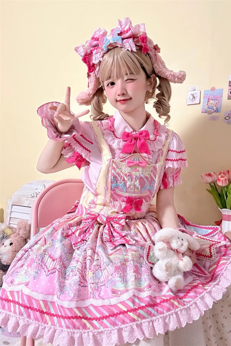 Sweet Lolita Strap Dress with Bowknot Ruffled Print in Two Hues - Candy Park