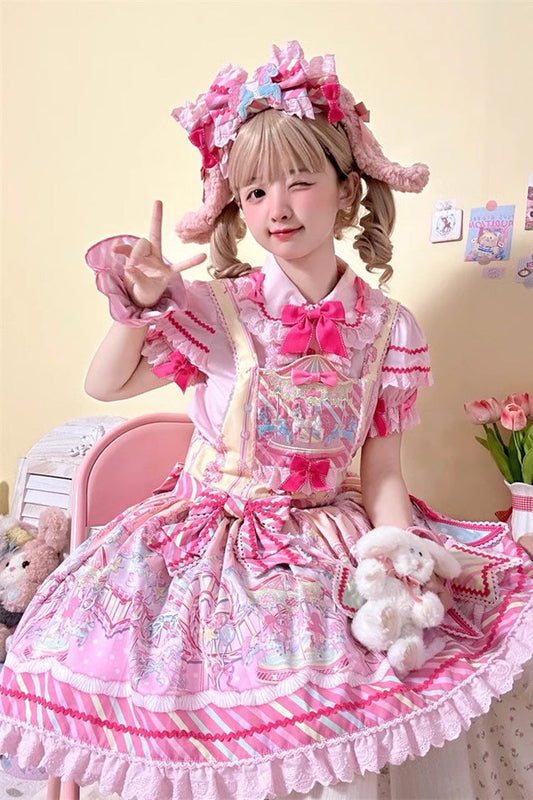 Sweet Lolita Strap Dress with Bowknot Ruffled Print in Two Hues - Candy Park