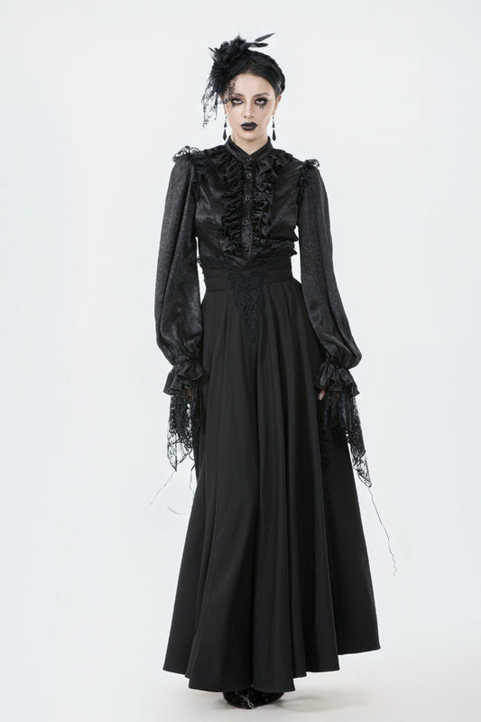 Pleated Gothic Maxi Skirt for Women with Embroidered Lace Trim